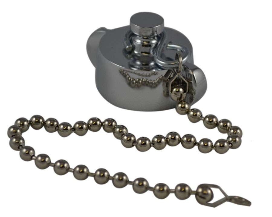 HCC28, 1 Customer Thread Female Cap Brass Chrome Plated with Chain, Rockerlug Tested to 500 psi
