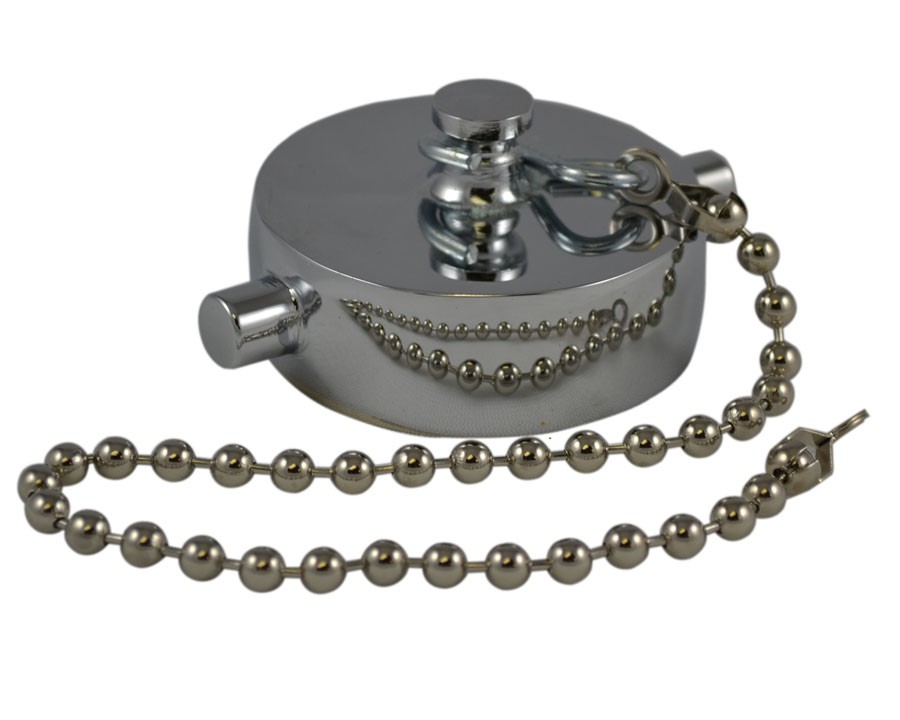 HCC28, 2 Customer Thread Female Cap Brass Chrome Plated with Chain, Rockerlug Tested to 500 psi