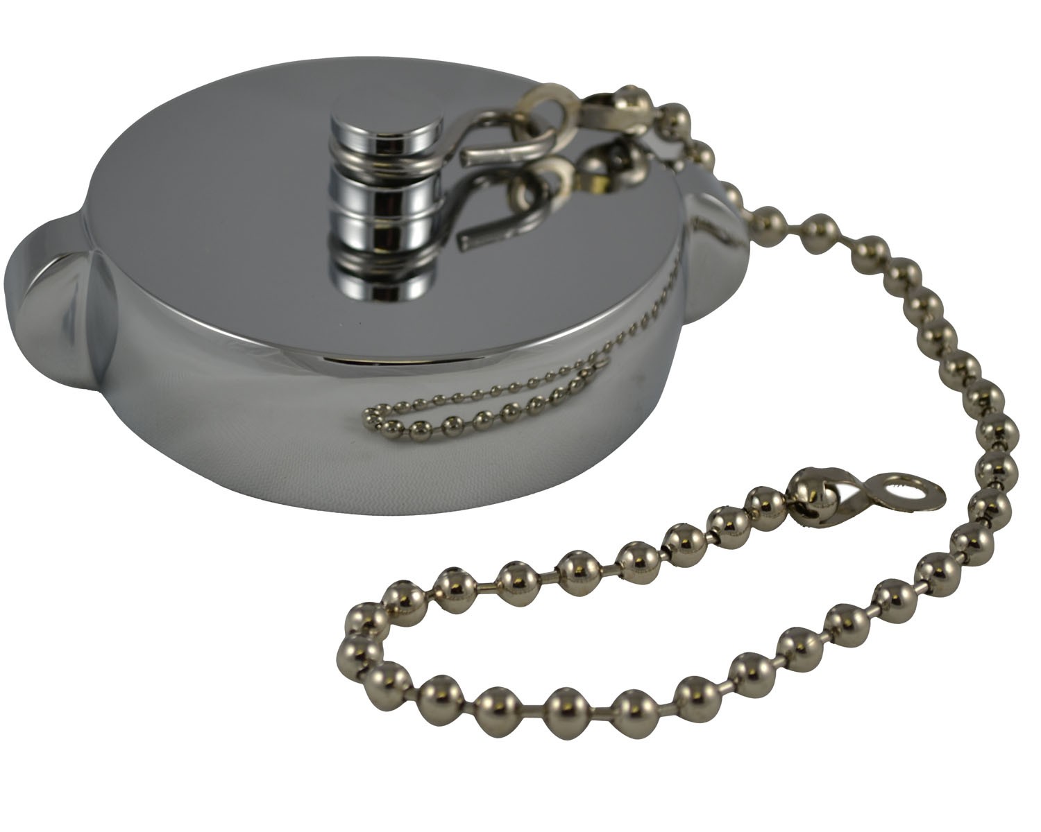HCC28, 2.5 National Standard Thread ( NST) Female Cap Brass Chrome Plated with Chain, Rockerlug Tested to 500 psi