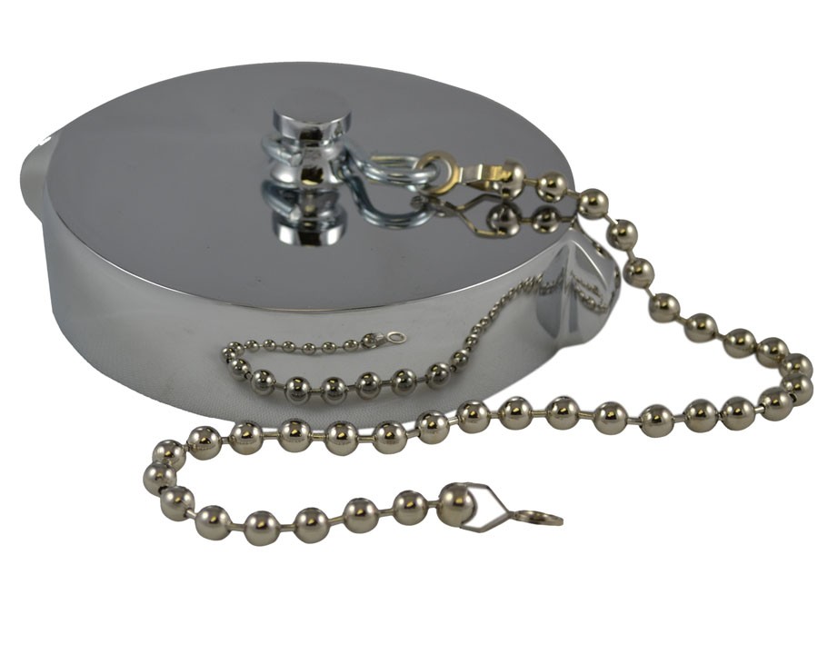 HCC28, 3 Customer Thread Female Cap Brass Chrome Plated with Chain, Rockerlug Tested to 500 psi