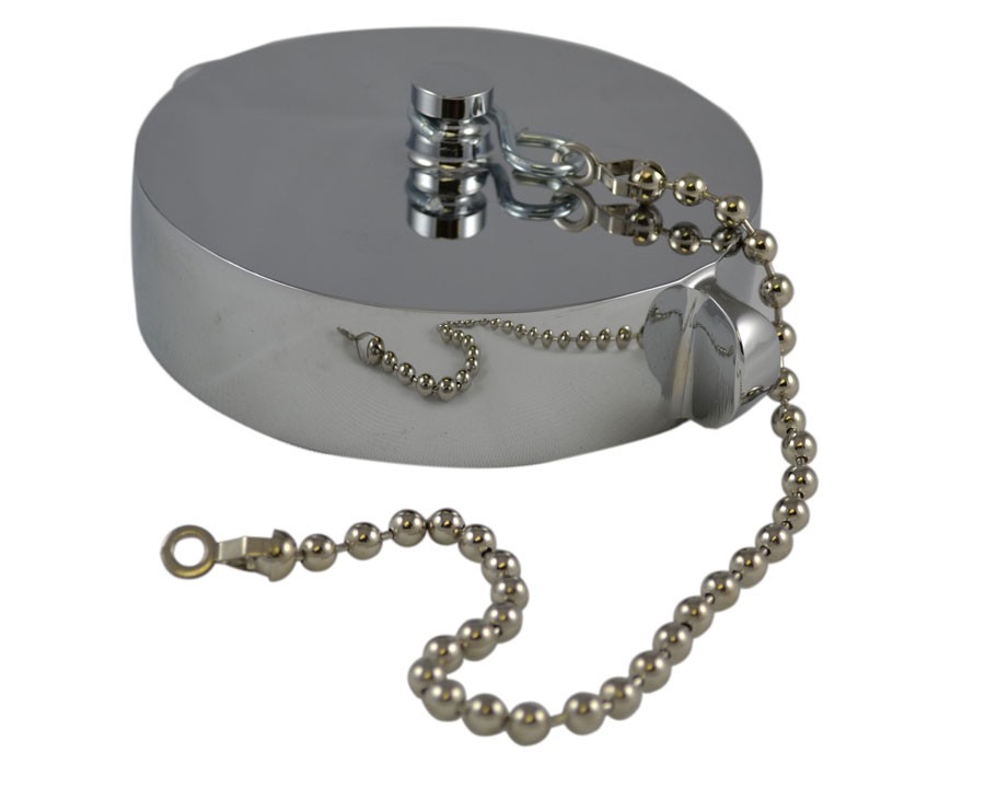 HCC28, 3.5 Customer Thread Female Cap Brass Chrome Plated with Chain, Rockerlug Tested to 500 psi