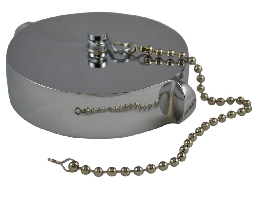 HCC28, 4 Customer Thread Female Cap Brass Chrome Plated with Chain, Rockerlug Tested to 500 psi