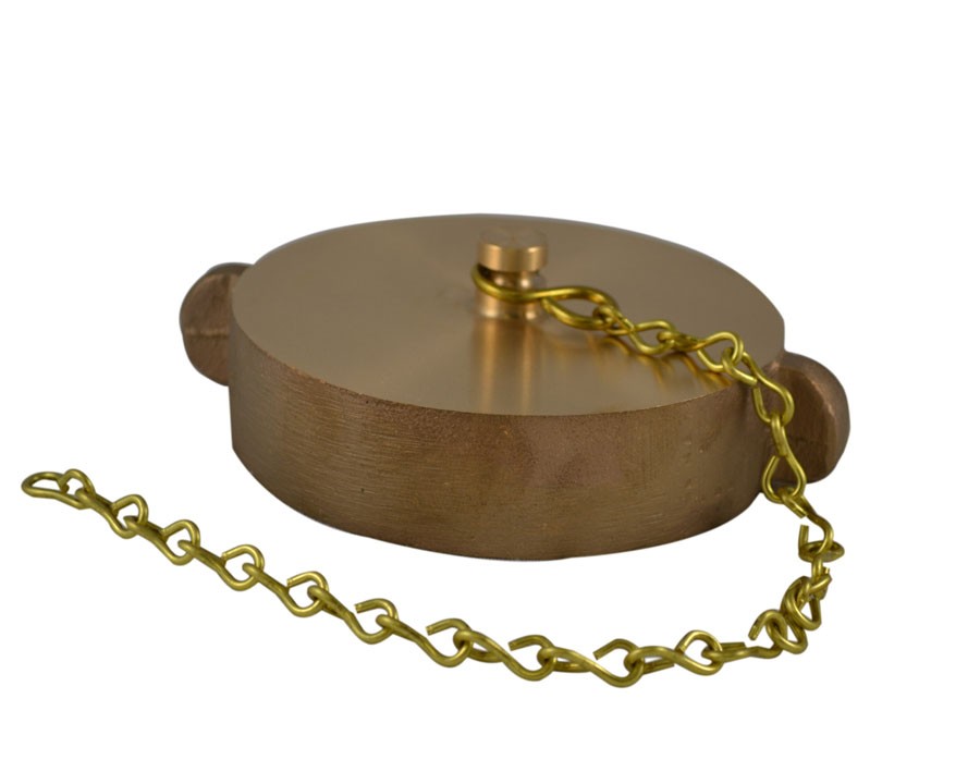 HCC28, 1.5 National Pipe Straight Thread (NPSH) Cap WITH CHAIN Brass, Rockerlug Tested to 500 psi