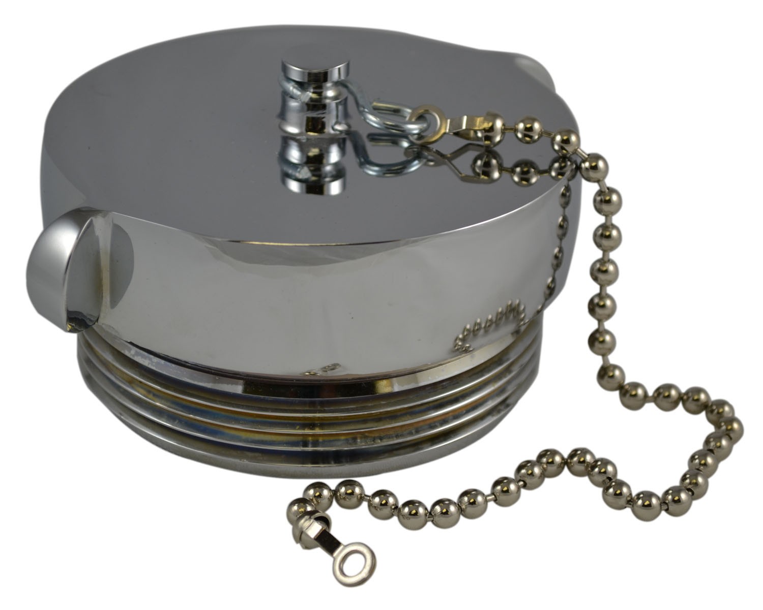 HCC28, 3.5 National Standard Thread ( NST) Female Cap Brass Chrome Plated with Chain, Rockerlug Tested to 500 psi