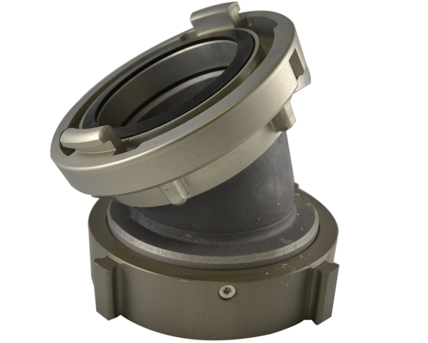 ST81, 2 1/2" Storz X 2 1/2" National Standard Thread (NST) Rockerlug Female Swivel, 30 Degree Elbow Aluminum Hardcoated