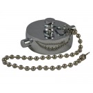 HCC28, 2 Customer Thread Female Cap Brass Chrome Plated with Chain, Rockerlug Tested to 500 psi