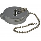 HCC28, 2.5 Customer Thread Female Cap Brass Chrome Plated with Chain, Rockerlug Tested to 500 psi